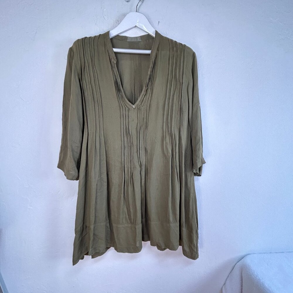 CP Shades Womens Olive Green 3/4 Sleeve Pintuck A-Line Tunic Top/Dress Small